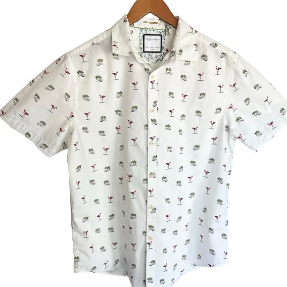 Denim & Flower Short Sleeve Button Up Shirt Mens LARGE Flamingo Palm Trees Print - Picture 3 of 10